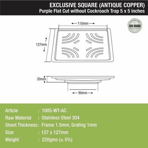 Lipka Purple Exclusive Square Flat Cut Floor Drain in Antique Copper PVD Coating (5 x 5 Inches) 1