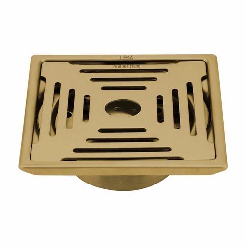 Lipka Green Exclusive Square Floor Drain in Yellow Gold PVD Coating (6 x 6 Inches) with Hole & Cockroach Trap