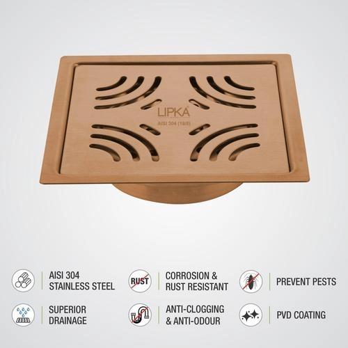 Lipka Purple Exclusive Square Flat Cut Floor Drain in Antique Copper PVD Coating (6 x 6 Inches) with Cockroach Trap 3