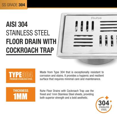 Ruhe Ruby Square 304-Grade Floor Drain with Collar and Cockroach Trap 5 x 5 Inches by Ruhe : Colours available: Silver 3 4