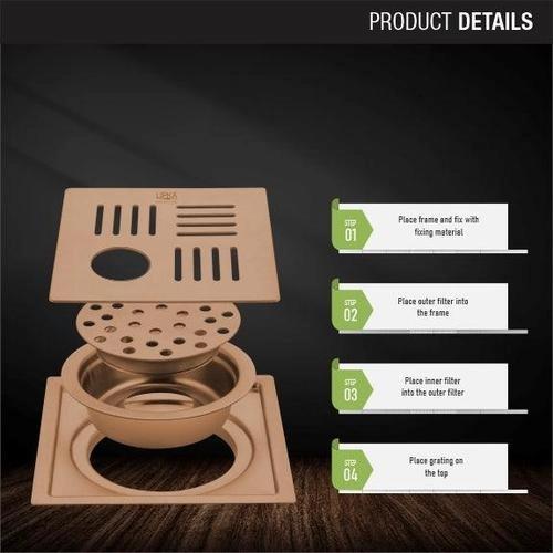Lipka Pink Exclusive Square Flat Cut Floor Drain in Antique Copper PVD Coating (6 x 6 Inches) with Hole & Cockroach Trap 2
