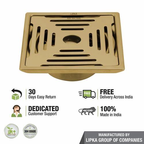 Lipka Green Exclusive Square Floor Drain in Yellow Gold PVD Coating (6 x 6 Inches) with Hole & Cockroach Trap 3