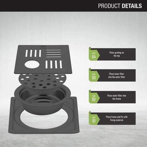 Lipka Pink Exclusive Square Floor Drain in Black PVD Coating (5 x 5 Inches) with Hole & Cockroach Trap 2