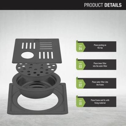 Lipka Pink Exclusive Square Floor Drain in Black PVD Coating (5 x 5 Inches) with Hole & Cockroach Trap 2