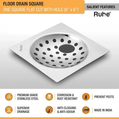 Ruhe One Square Flat Cut Floor Drain - 6 x 6 Inches by Ruhe : Colours available: Silver 3 2