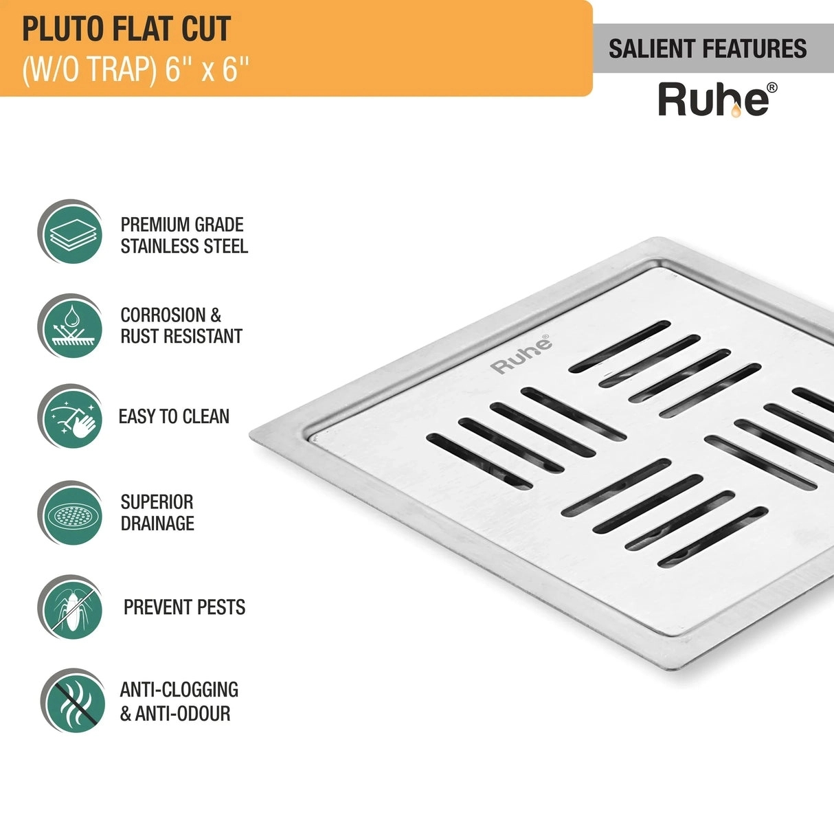 Ruhe Pluto Square Premium Flat Cut Floor Drain 6 x 6 Inches by Ruhe : Colours available: Silver 3 2