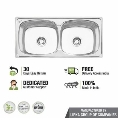 Lipka Round Double Bowl 304-Grade Kitchen Sink (37 x 18 x 8 Inches) 5