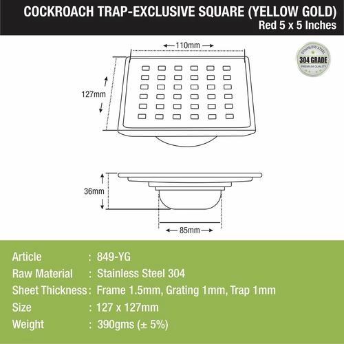 Lipka Red Exclusive Square Floor Drain in Yellow Gold PVD Coating (5 x 5 Inches) with Cockroach Trap 1