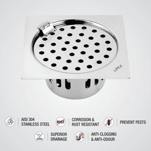 Lipka Square Flat Cut Floor Drain (5 x 5 Inches) with Hinge and Cockroach Trap 2