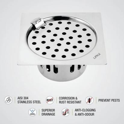 Lipka Square Flat Cut Floor Drain (5 x 5 Inches) with Hinge and Cockroach Trap 2