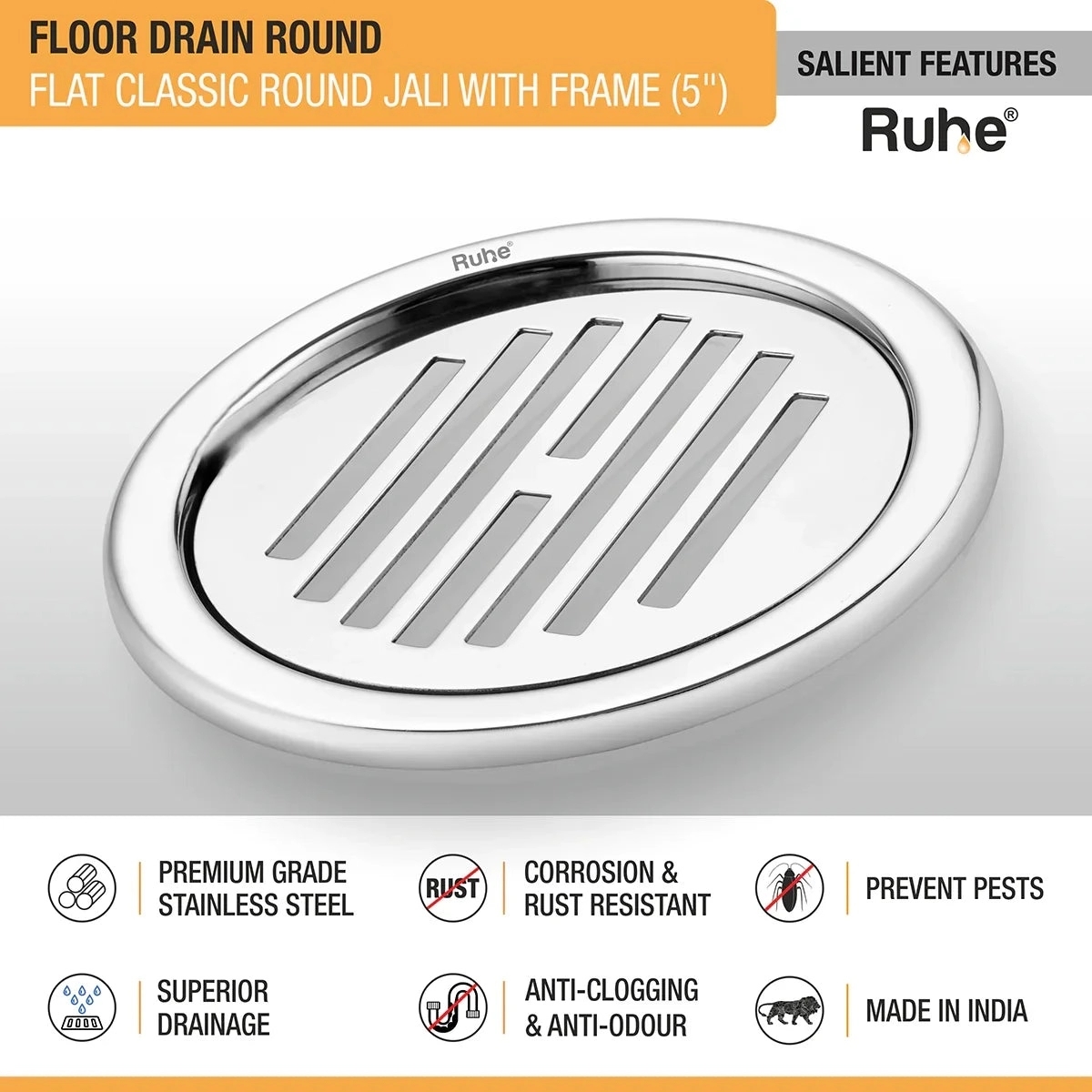 Ruhe Flat Classic Round Jali Floor Drain 5 inches with Frame - Pack of 2 by Ruhe : Colours available: Silver 2 2