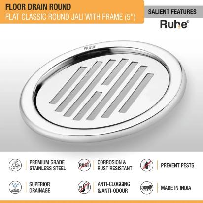 Ruhe Flat Classic Round Jali Floor Drain 5 inches with Frame - Pack of 2 by Ruhe : Colours available: Silver 2 2