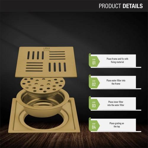 Lipka Pink Exclusive Square Flat Cut Floor Drain in Yellow Gold PVD Coating (6 x 6 Inches) with Cockroach Trap 2