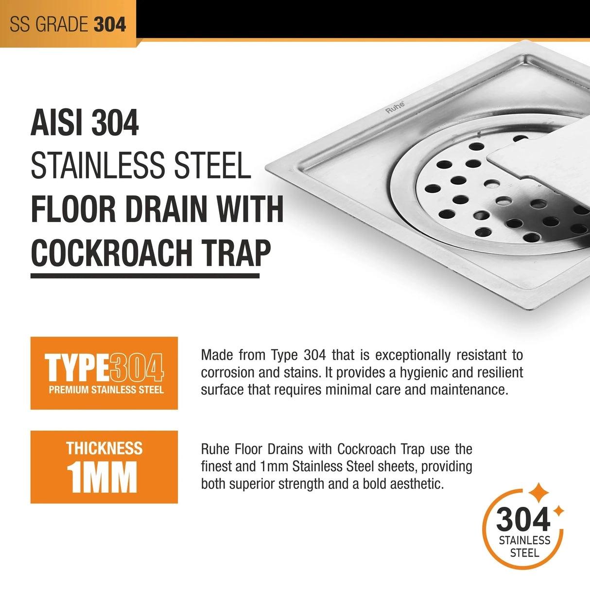 Ruhe Diamond Square Flat Cut 304 - Grade Floor Drain with Hole And Cockroach Trap - 6 x 6 Inches 3