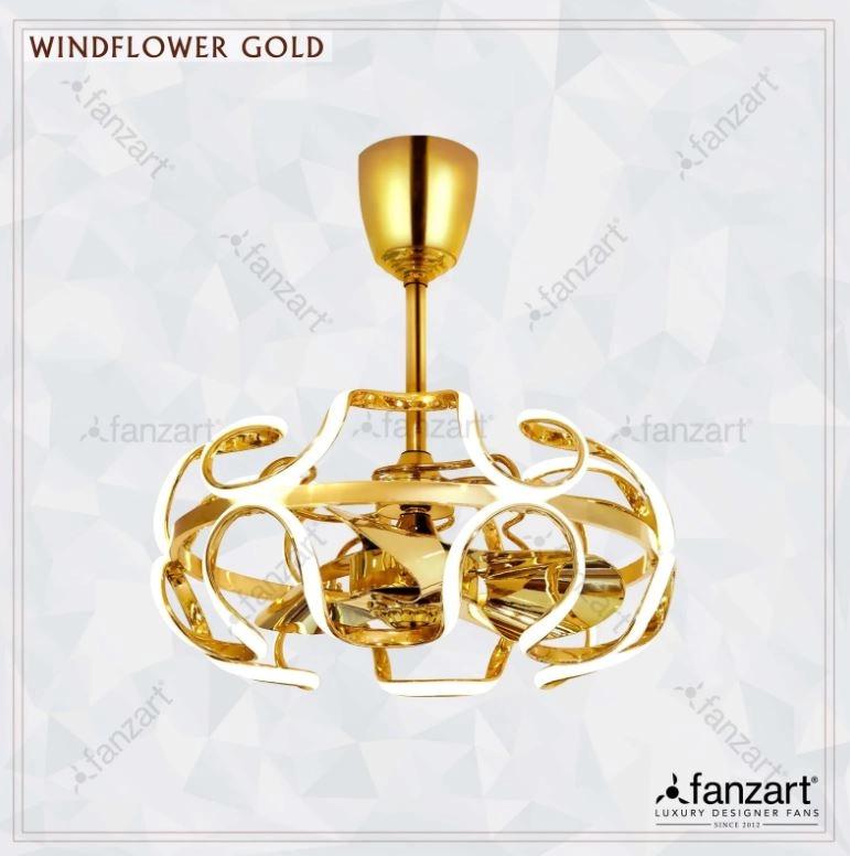 Fanzart Windflower Gold – 26” Fandelier with 3 x 22″ 5D vortex blades, BLDC motor, Summer-Winter feature, Multi-Coloured LED & Dimmer 2