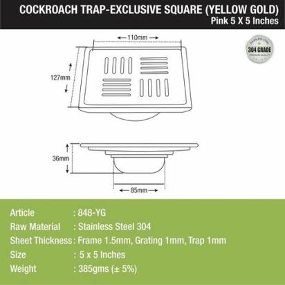 Lipka Pink Exclusive Square Floor Drain in Yellow Gold PVD Coating (5 x 5 Inches) with Cockroach Trap 1