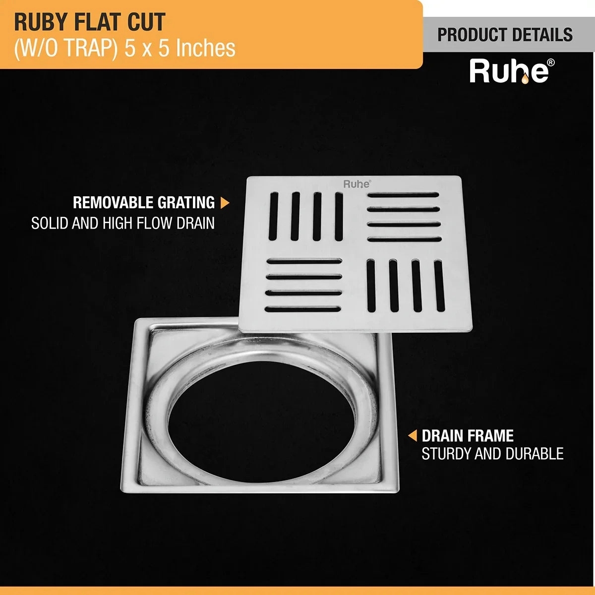 Ruby Square Flat Cut 304-Grade Floor Drain 5 x 5 Inches by Ruhe : Colours available: Silver 3 3