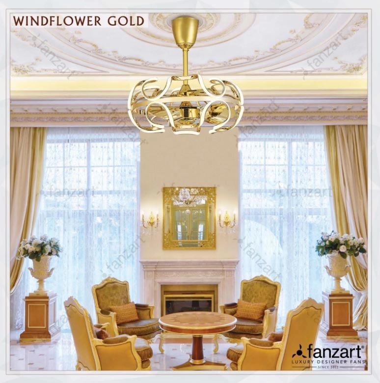 Fanzart Windflower Gold – 26” Fandelier with 3 x 22″ 5D vortex blades, BLDC motor, Summer-Winter feature, Multi-Coloured LED & Dimmer 1
