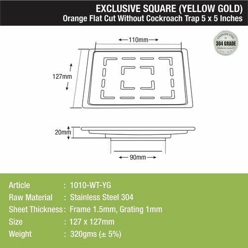 Lipka Orange Exclusive Square Flat Cut Floor Drain in Yellow Gold PVD Coating (5 x 5 Inches) 1