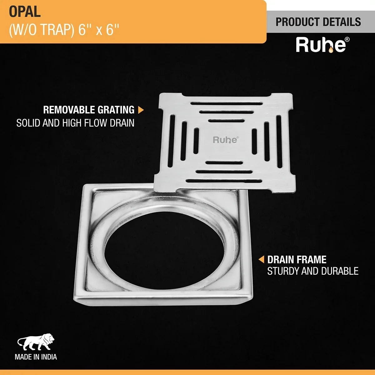 Ruhe Opal Square 304-Grade Floor Drain 6 x 6 Inches by Ruhe : Colours available: Silver 3 3