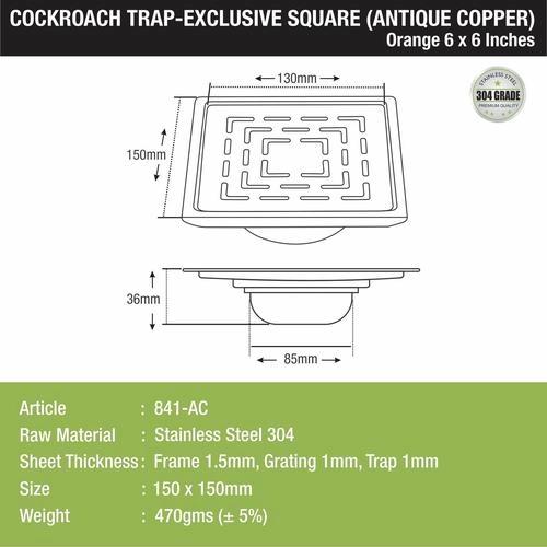 Lipka Orange Exclusive Square Floor Drain in Antique Copper PVD Coating (6 x 6 Inches) with Cockroach Trap 1