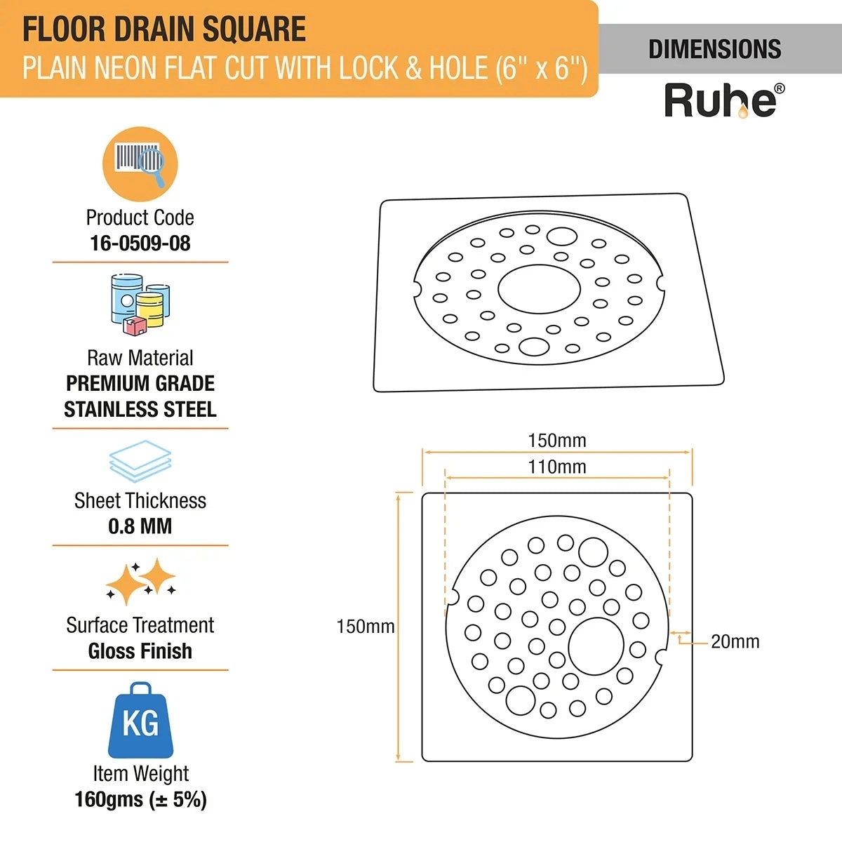 Ruhe Plain Neon Square Flat Cut Floor Drain - 6 x 6 Inches by Ruhe : Colours available: Silver 2 1