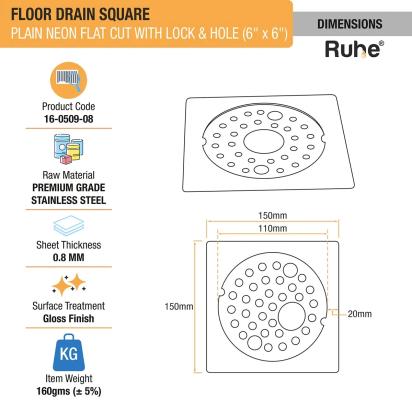 Ruhe Plain Neon Square Flat Cut Floor Drain - 6 x 6 Inches by Ruhe : Colours available: Silver 2 1
