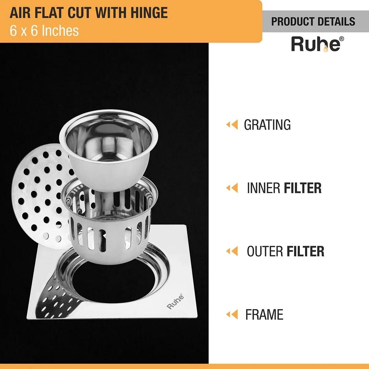 Ruhe Air Square Flat Cut 304 - Grade Floor Drain with Hinge And Cockroach Trap - 6 x 6 Inches 3