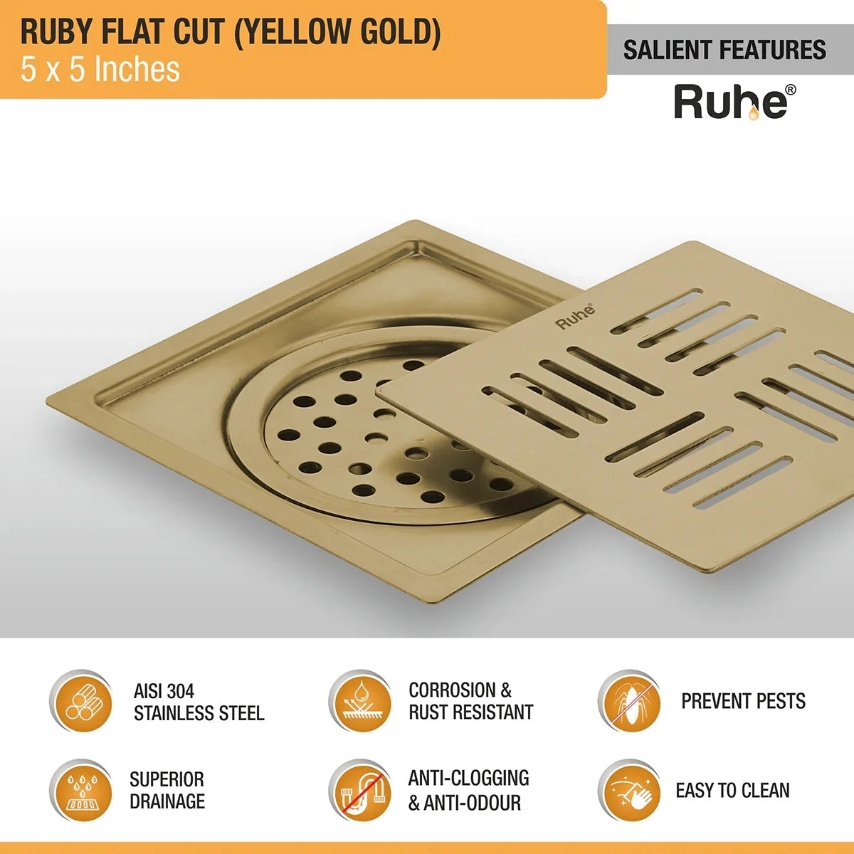 Ruhe Ruby Square Flat Cut Floor Drain in Yellow Gold PVD Coating - 5 x 5 Inches by Ruhe : Colours available: Gold 6 3