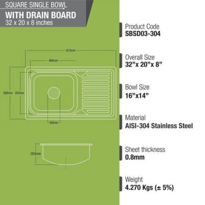 Lipka Square Single Bowl 304-Grade Kitchen Sink with Drainboard (32 x 20 x 8 Inches) 2