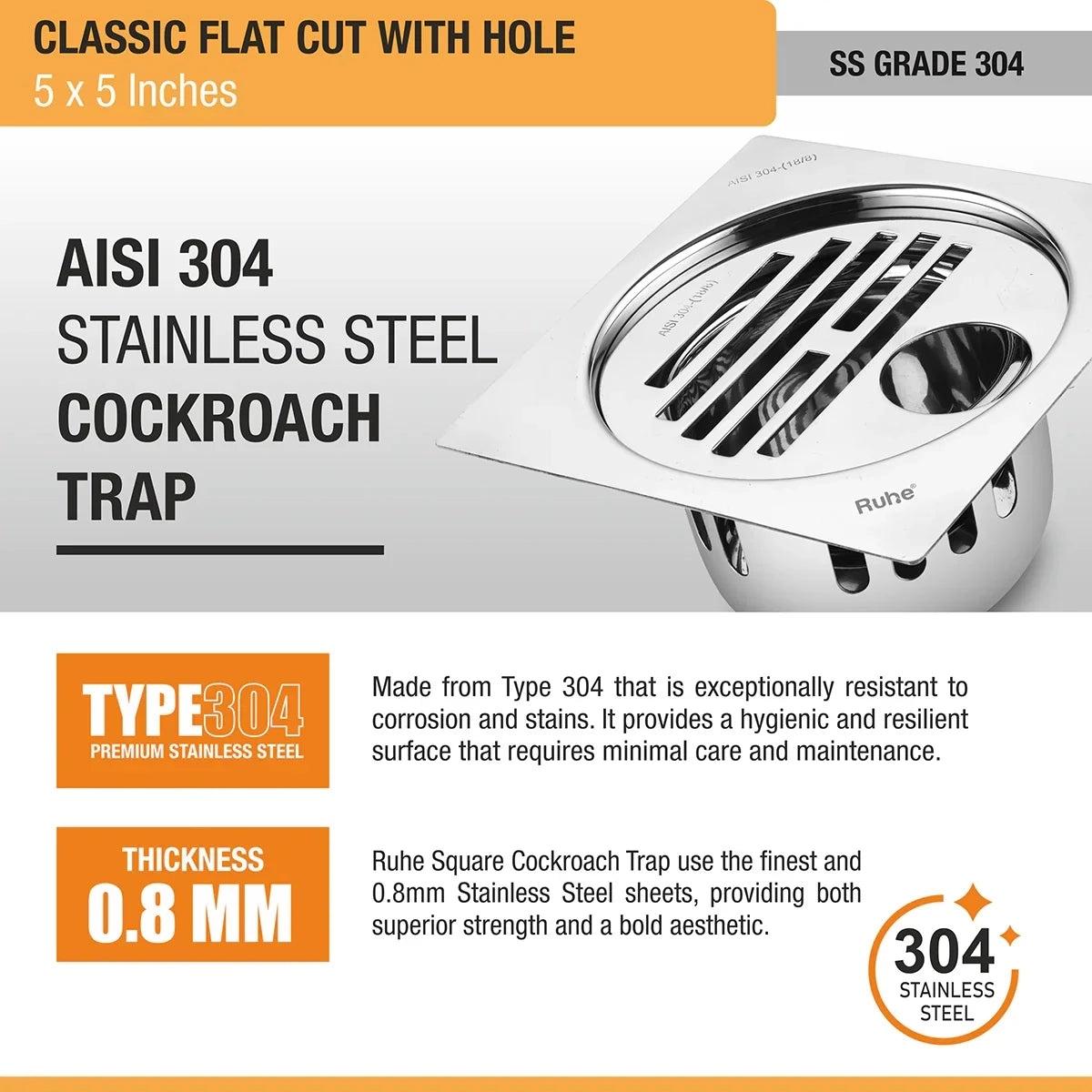 Ruhe Classic Square Flat Cut 304-Grade Floor Drain with Hole and Cockroach Trap 5 x 5 Inches 4