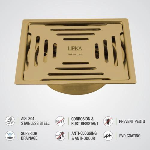 Green Exclusive Square Flat Cut Floor Drain in Yellow Gold PVD Coating (6 x 6 Inches) with Cockroach Trap 3