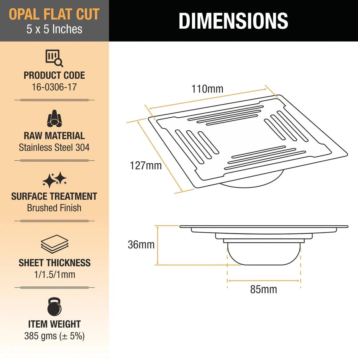 Ruhe Opal Square Flat Cut 304-Grade Floor Drain with Cockroach Trap 5 x 5 Inches 1