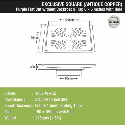 LipkaPurple Exclusive Square Flat Cut Floor Drain in Antique Copper PVD Coating (6 x 6 Inches) with Hole 1