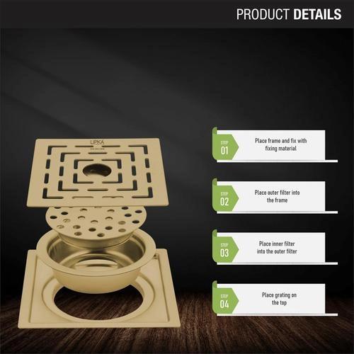 Lipka Orange Exclusive Square Flat Cut Floor Drain in Yellow Gold PVD Coating (6 x 6 Inches) with Hole & Cockroach Trap 2
