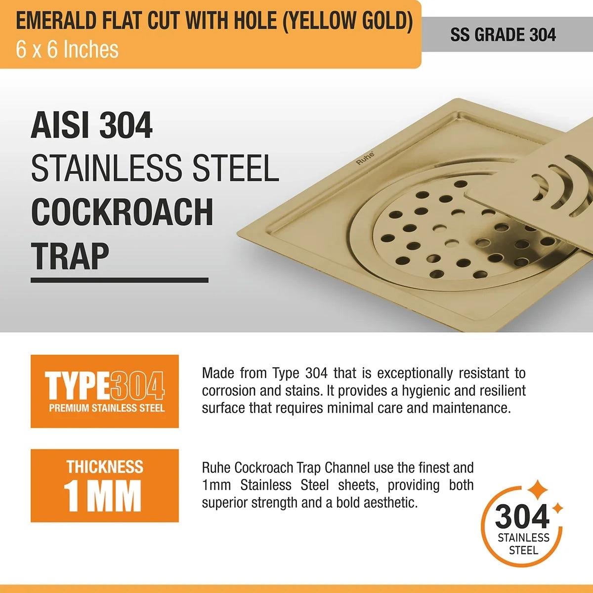 Ruhe Emerald Square Flat Cut Floor Drain In Yellow Gold PVD Coating - 6 x 6 Inches With Hole 4