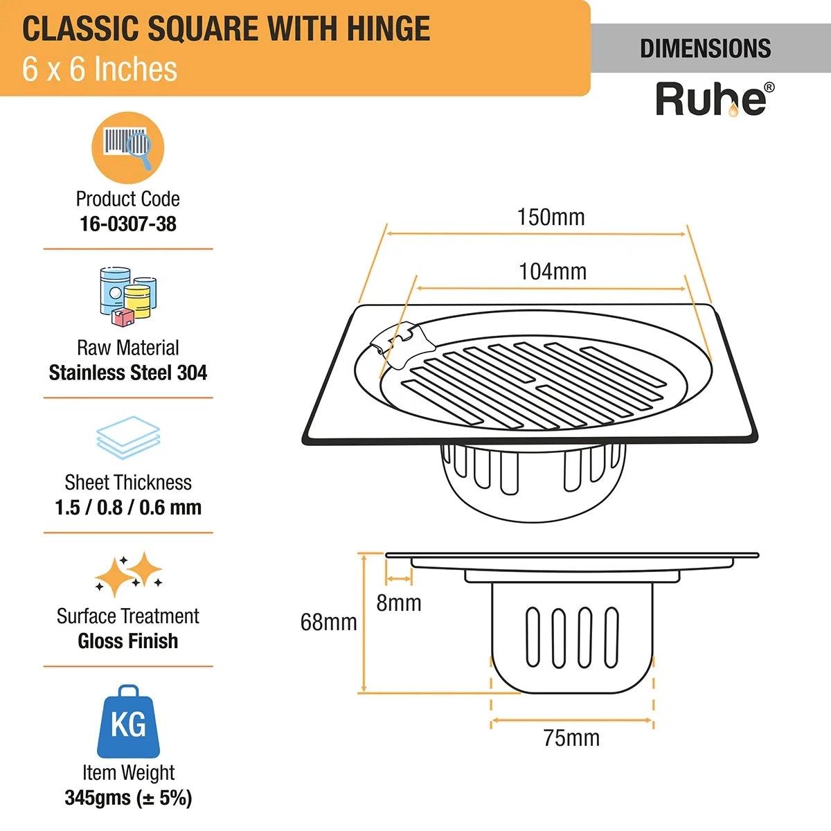 Ruhe Classic Square 304 - Grade Floor Drain with Collar Hinge And Cockroach Trap - 6 x 6 Inches 1