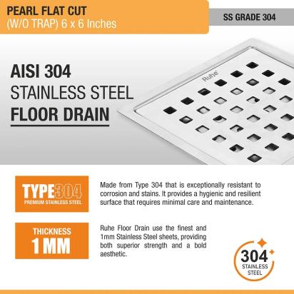 Ruhe Pearl Square Flat Cut 304 Grade Floor Drain - (6 x 6 Inches) by Ruhe : Colours available: Silver 5 3