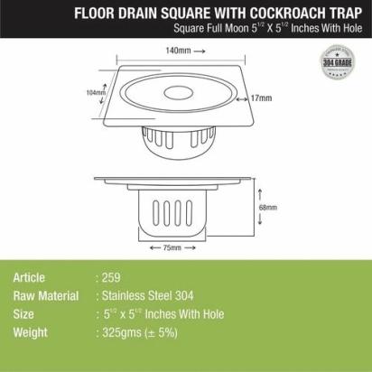 Lipka Full Moon Square Floor Drain (5.5 x 5.5 Inches) with Hole and Cockroach Trap 1