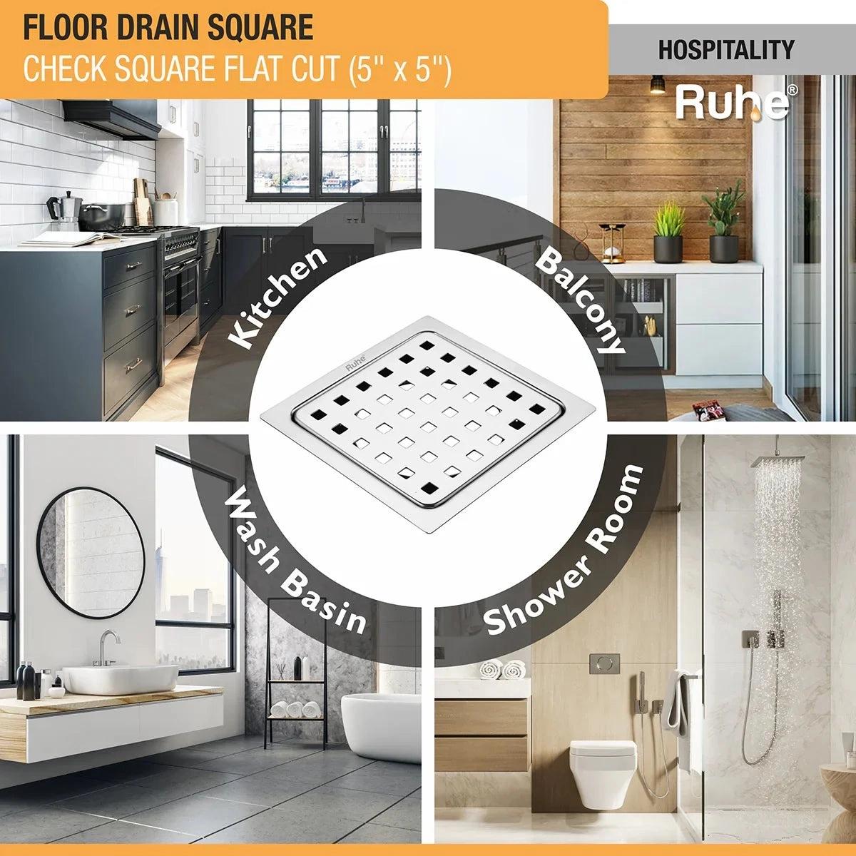 Ruhe Check Square Flat Cut Floor Drain 5 x 5 Inches 4