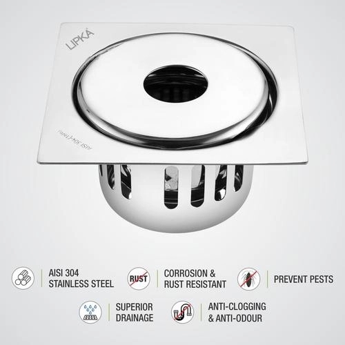 Lipka Full Moon Square Floor Drain (5 x 5 Inches) with Hole and Cockroach Trap 2