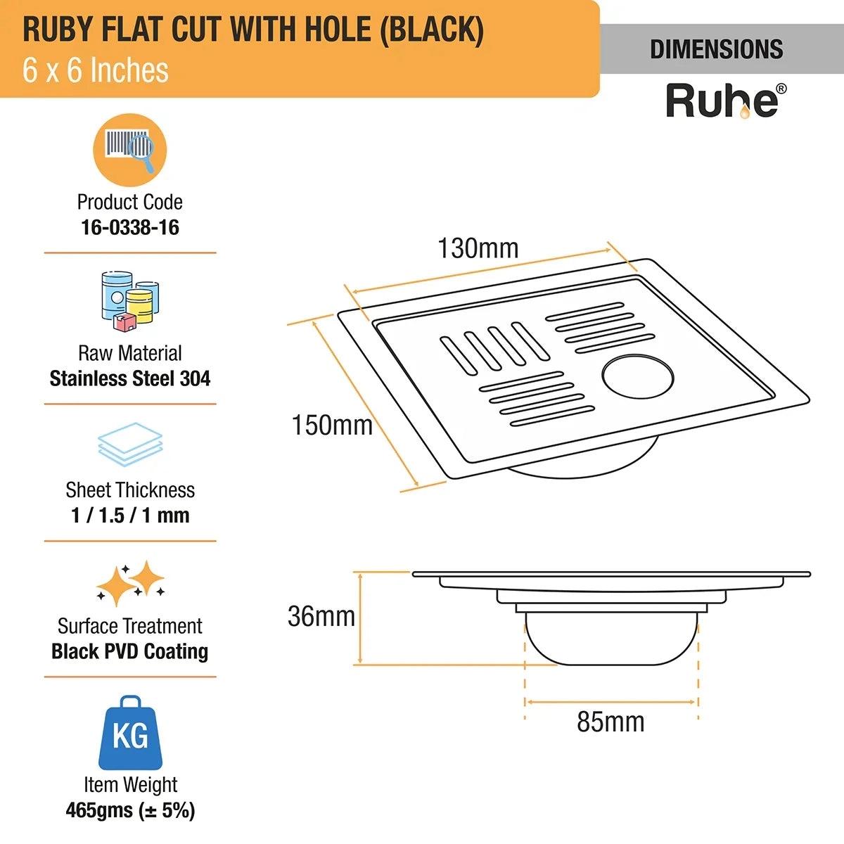 Ruhe Ruby Square Flat Cut Floor Drain in Black PVD Coating with Hole - 6 x 6 Inches 1