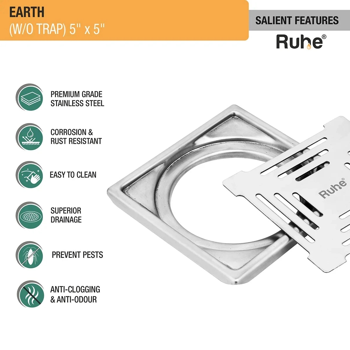 Ruhe Earth Square Premium Floor Drain 5 x 5 Inches by Ruhe 2 2