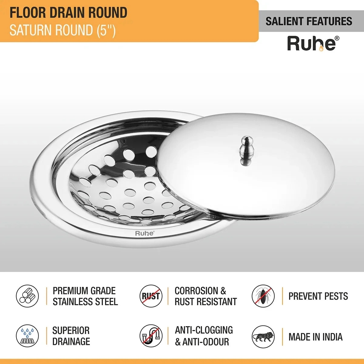 Ruhe Saturn Round Floor Drain with Lid by Ruhe : Colours available: Silver 1 2