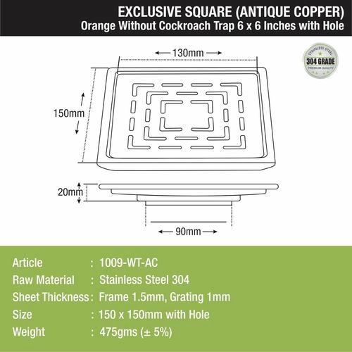 Lipka Orange Exclusive Square Floor Drain in Antique Copper PVD Coating (6 x 6 Inches) with Hole 1