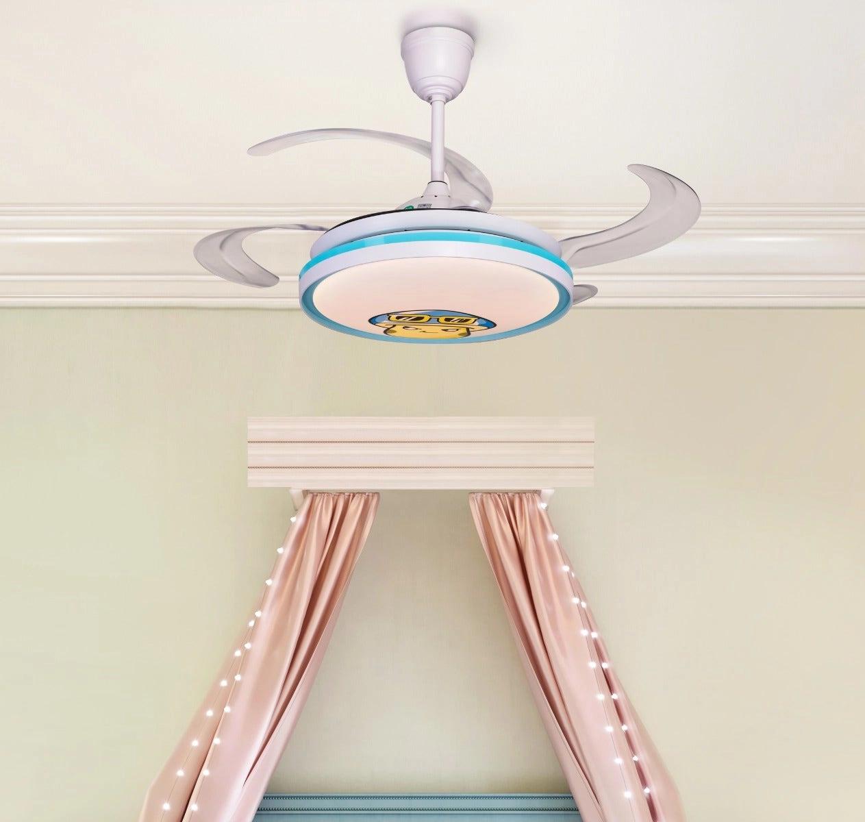 The WhiteTeak Cherished Childhood (Kids' Room 112 cm Span, Glossy Aqua Blue-White Finish Metal Body, Transparent Plastic Blades) Dimmable LED with Remote Control Ceiling Fan