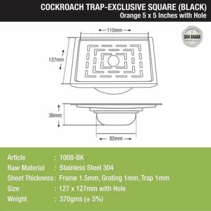 Lipka Orange Exclusive Square Floor Drain in Black PVD Coating (5 x 5 Inches) with Hole & Cockroach Trap 1