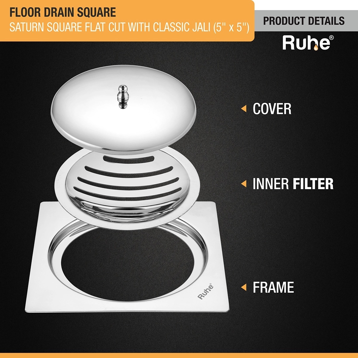 Ruhe Saturn Classic Jali Square Flat Cut Floor Drain 5 x 5 Inches With Lid by Ruhe : Colours available: Silver 2 3