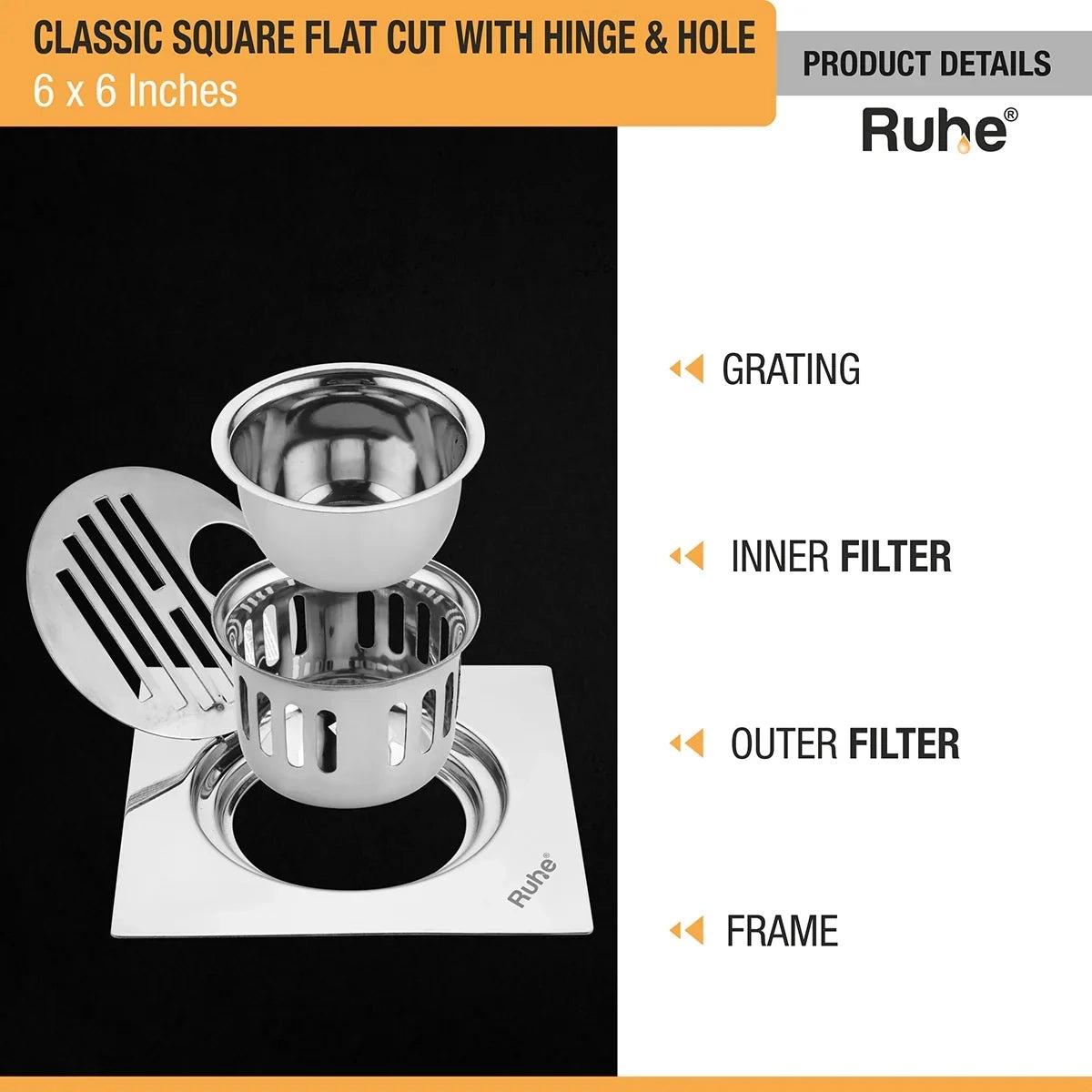 Ruhe Classic Square Flat Cut 304-Grade Floor Drain with Hinge Hole & Cockroach Trap - 6 x 6 Inches 3