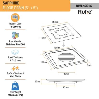 Ruhe Sapphire Square 304-Grade Floor Drain - 5 x 5 Inches by Ruhe : Colours available: Silver 1 1